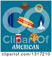 Clipart Of A Flat Design Of American Text With A Cowboy Hat Donut Rocket Hot Dog Basketball Soda And Jeans On Blue Royalty Free Vector Illustration by Vector Tradition SM