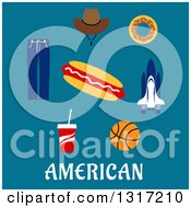 Poster, Art Print Of Flat Design Of American Text With A Cowboy Hat Donut Rocket Hot Dog Basketball Soda And Jeans On Blue