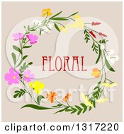 Clipart Of A Wreath Made Of Flowers With Floral Text On Beige Royalty Free Vector Illustration