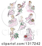 Poster, Art Print Of Sketched Caucasian Brides In Pink Dresses Holding Bouquets Of Flowers