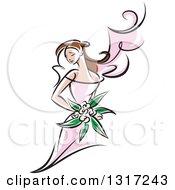 Clipart Of A Sketched Brunette Caucasian Bride In A Pink Dress Holding A Bouquet Of Flowers Royalty Free Vector Illustration by Vector Tradition SM