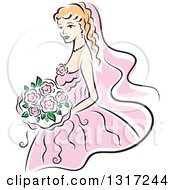 Poster, Art Print Of Sketched Blond Caucasian Bride In A Pink Dress Holding A Bouquet Of Flowers