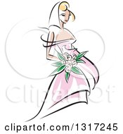 Poster, Art Print Of Sketched Blond Caucasian Bride In A Pink Dress Holding A Bouquet Of Flowers 2