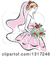 Poster, Art Print Of Sketched Blond Caucasian Bride In A Pink Dress Holding A Bouquet Of Red Flowers 4