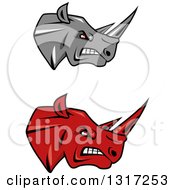 Clipart Of Cartoon Angry Red And Gray Rhinoceros Heads In Profile 3 Royalty Free Vector Illustration
