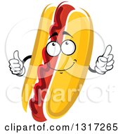 Poster, Art Print Of Cartoon Hot Dog Character With Ketchup Holding Up A Thumb And A Finger