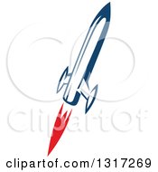 Clipart Of A Retro Blue Rocket With Red Flames 8 Royalty Free Vector Illustration