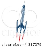 Poster, Art Print Of Retro Blue Rocket With Red Flames 2