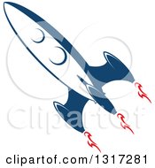 Clipart Of A Retro Blue Rocket With Red Flames 16 Royalty Free Vector Illustration