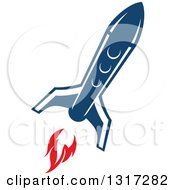 Clipart Of A Retro Blue Rocket With Red Flames 17 Royalty Free Vector Illustration