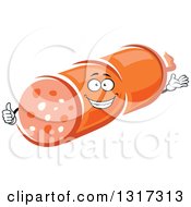 Clipart Of A Cartoon Salami Character Presenting And Giving A Thumb Up Royalty Free Vector Illustration