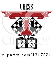 Poster, Art Print Of Chess Board Diamond Pawn Pieces Blank Red Banner Timer And Text