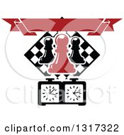 Poster, Art Print Of Chess Board Diamond Pawn Pieces Blank Red Banner And Timer