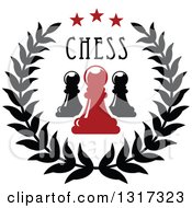Clipart Of A Laurel And Star Wreath With Black And Red Chess Pawn Pieces With Text Royalty Free Vector Illustration