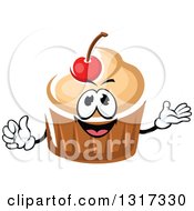 Poster, Art Print Of Cartoon Cupcake Character With Vanilla Frosting And A Cherry Giving A Thumb Up And Presenting