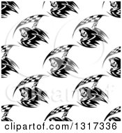 Poster, Art Print Of Seamless Background Pattern Of Black And White Grim Reapers With Racing Flag Scythes