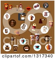 Flat Design Icons Of Coffee Cups Makers Grinders Beans And Other Items On Brown