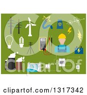 Poster, Art Print Of Flat Design Male Electrician With Energy Items On Green