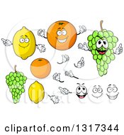 Poster, Art Print Of Cartoon Lemon Orange Green Grapes Faces And Hands