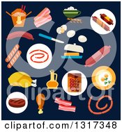 Poster, Art Print Of Flat Design Of Meats On Navy Blue