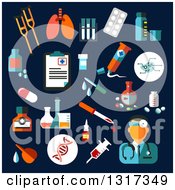 Poster, Art Print Of Flat Design Medical Icons With Medication And Diagnostics As Drugs Pills Dna Syringe Blood Doctor Tubes Flasks And Prescription On Blue