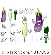 Clipart Of A Cartoon Eggplants Daikon Radishes Asparagus Faces And Hands Royalty Free Vector Illustration