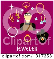 Flat Design Male Jeweler Or Goldsmith With Jewelery On Pink