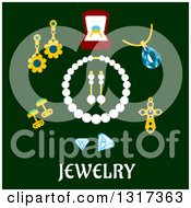 Poster, Art Print Of Flat Design Of Pearls And Jewelry Over Text On Green