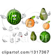 Poster, Art Print Of Cartoon Watermelon Apricot Avocado Faces And Hands