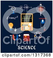 Poster, Art Print Of Flat Design Magnet Electric Power Atom Model Earth Magnetic Field Book Formulas Schemes And Tools With Text On Blue