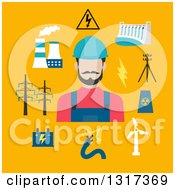 Poster, Art Print Of Flat Design Electrician With Energy Items On Yellow