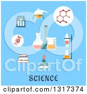 Poster, Art Print Of Flat Design Of Books Distillation Atomic Structure Experiments Flasks And Bunsen Burner Over Text On Blue