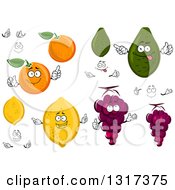 Poster, Art Print Of Cartoon Lemon Orange Purple Grapes Avocado Faces And Hands