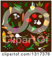 Clipart Of A Flat Design Vegetables And Oils On Brown Royalty Free Vector Illustration
