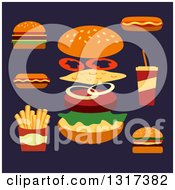 Clipart Of Flat Design Cheeseburgers Hot Dogs Soda And French Fries On Navy Blue Royalty Free Vector Illustration