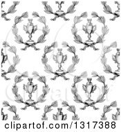 Clipart Of A Seamless Background Pattern Of Grayscale Laurel Wreaths And Trophies Royalty Free Vector Illustration