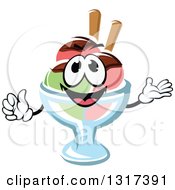Cartoon Rainbow Sherbet Ice Cream Sundae Character Presenting And Giving A Thumb Up