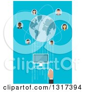Poster, Art Print Of Global Communication Businessman Using A Desktop Computer Connecting To Partners Worldwide With Blue Globe Surrounded Avatars