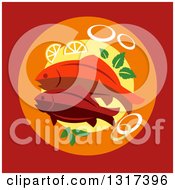 Clipart Of A Flat Design Of Fish On A Plate With Onion Slices And Lemon Wedges Over Red Royalty Free Vector Illustration