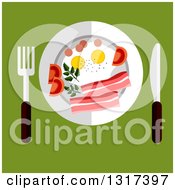Flat Design Of A Plate With Eggs Tomato And Bacon Served With Silverware On Green