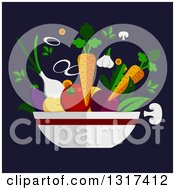 Clipart Of A Flat Design Of A Bowl With Produce On Navy Blue Royalty Free Vector Illustration