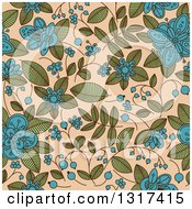 Poster, Art Print Of Seamless Background Pattern Of Doodled Blue Blossoms Plants And Berries Over Tan