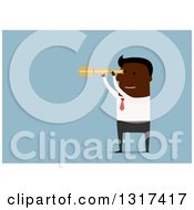 Clipart Of A Flat Design Black Businessman Viewing Through A Telescope Over Blue Royalty Free Vector Illustration