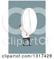 Clipart Of A Flat Design White Businessman Carrying A Giant Pill On Blue Royalty Free Vector Illustration