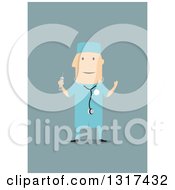Clipart Of A Flat Design White Male Surgeon In Scrubs On Blue Royalty Free Vector Illustration