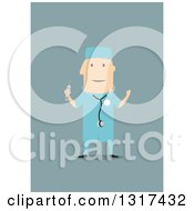 Poster, Art Print Of Flat Design White Male Surgeon In Scrubs On Blue