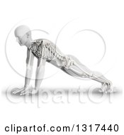 3d Anatomical Man In A Push Up Or Yoga Pose With Visible Skeleton On White