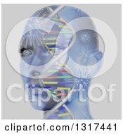 3d Female Face With Colorful Dna Strands And Blue Virus Pattern On Gray