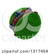 Poster, Art Print Of 3d Blue And Red Cars On A Roadway Around A Grassy Planet On White 2