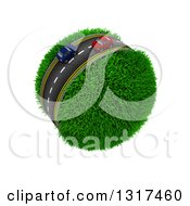 Poster, Art Print Of 3d Blue And Red Cars On A Roadway Around A Grassy Planet On White